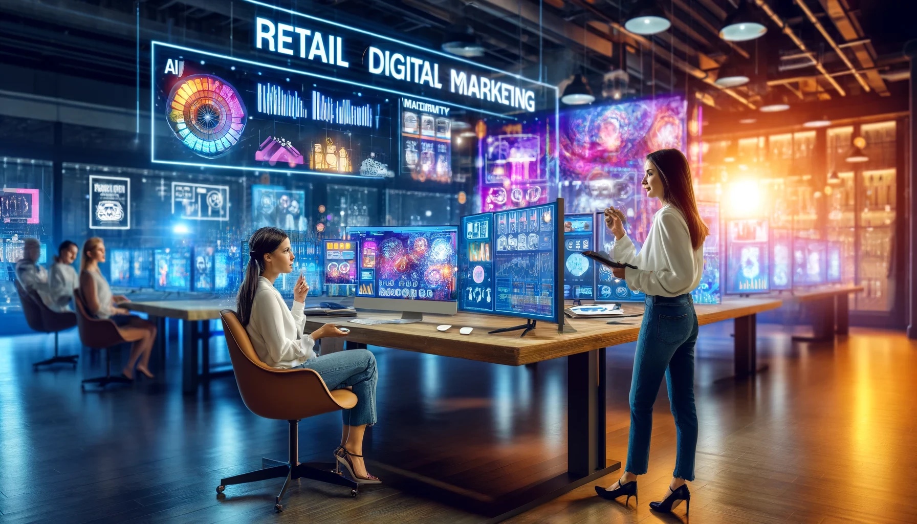 Retail marketing consultantcs interacting with an AI-driven digital marketing dashboard during ETHORITY's AI Maturity Assessment, showing AI monitoring & AI optimization.